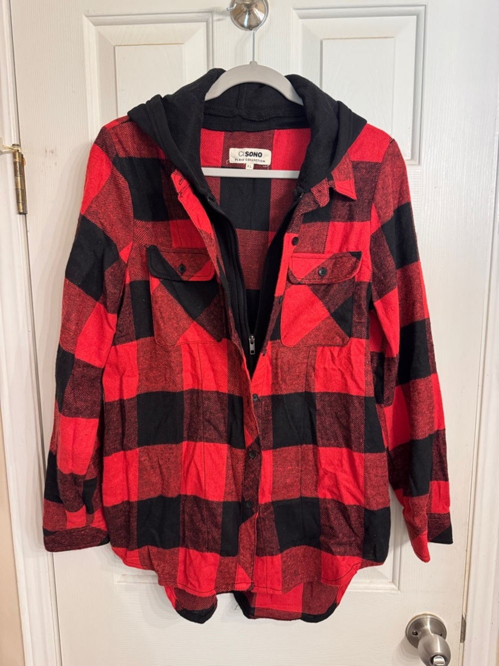 Ci Sono Red & Black Plaid Hooded Shirt Jacket